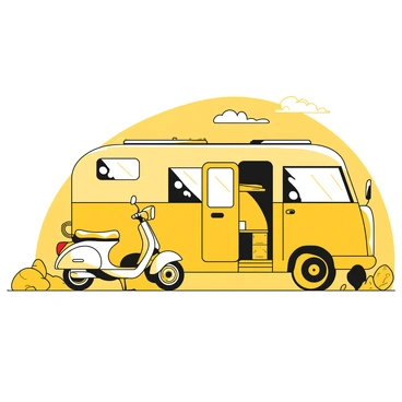 A scooter bike parked next to a small camper van during a road trip