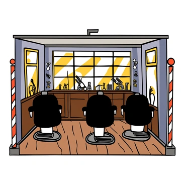 An old-fashioned barbershop with red and white striped poles outside the entrance. Inside, there are several black leather barber chairs arranged neatly. The walls are adorned with vintage barber tools and mirrors. The wooden flooring adds to the classic atmosphere, and there are small round tables with combs and scissors placed on them. Sunlight filters through the large windows, casting warm light across the shop.