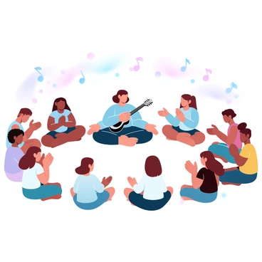 A teacher is sitting cross-legged in the center of a circle formed by children, all also sitting cross-legged. The teacher is wearing a colorful outfit and has a musical instrument, such as a guitar, resting beside them. The children are diverse in appearance, with various hairstyles and clothing, engaged and focused on the song. Some children are clapping their hands, while others hold small percussion instruments. In the background, there are musical notes floating in the air, illustrating the atmosphere of joy and harmony.