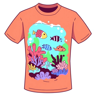 An orange t-shirt features an underwater scene filled with various colorful fish swimming amongst vibrant coral reefs. The fish are depicted in different sizes and patterns, including a blue fish with stripes and a yellow fish with spots. The coral reefs are shaped in distinct forms, with some resembling branching corals and others being large, bulbous structures. Bubbles are rising from the fish as they navigate through the intricate and lively ecosystem.