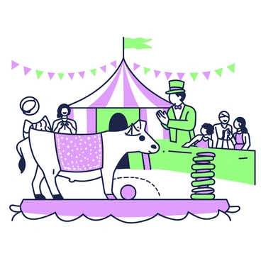 A cow is standing in the center of a circus ring beneath a large big top tent. The cow is wearing a purple sequined vest and a small green top hat. Surrounding the cow, there are colorful circus props, including a stack of green hoops positioned for jumping and a purple ball for balancing. In the background, a ringmaster with a green jacket and a purple bow tie is clapping, encouraging the cow. Spectators are seated in rows, with expressions of delight on their faces, as they watch the performance unfold. Two green banners hang from the tent's ceiling, adding to the festive atmosphere.