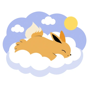 An "Eevee" with soft, brown fur is curled up comfortably on a large, fluffy white cloud in a bright blue sky. The cloud appears puffy and very soft, providing a cozy resting place for the Eevee. The Eevee has its eyes closed, looking serene, while its bushy tail is draped over the edge of the cloud. Surrounding the cloud are a few smaller clouds, adding to the dreamy atmosphere of the scene. The sun casts a warm, gentle light, creating a sense of tranquility in the sky.
