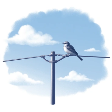 A single bird is perched on a telephone wire. The bird is facing to the right, with its feathers slightly ruffled by a gentle breeze. The wire extends horizontally across the image, emphasizing the height of the scene. The background features a bright blue sky, creating a stark contrast with the silhouette of the bird and wire. Fluffy clouds are scattered throughout the sky, accentuating the openness of the atmosphere.