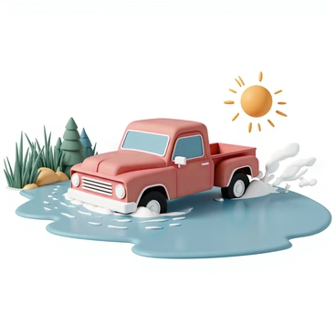 A large red pickup truck is fording a shallow river, with its front wheels partially submerged in the clear water. The truck is creating dynamic splashes of water that cascade in all directions, highlighting the motion of the vehicle. The riverbank is lined with green vegetation, including tall grasses and some trees in the background, providing a natural setting. The sun is shining brightly, reflecting off the surface of the water, adding a sense of vibrancy to the scene.