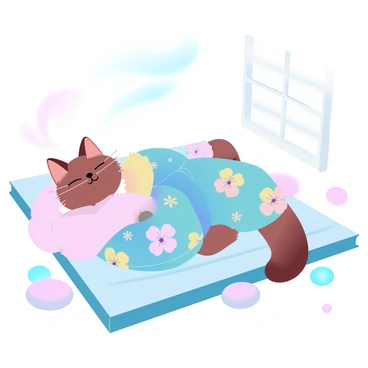 A cat with a fluffy coat is lounging comfortably on a tatami mat floor. The cat is wearing a brightly colored kimono adorned with floral patterns. The kimono drapes elegantly around the cat's body, showcasing vibrant hues of blue, pink, and yellow. Surrounding the cat are a couple of small decorative pillows, adding to the cozy atmosphere of the scene. Sunlight filters through a nearby window, casting a warm glow over the setting.
