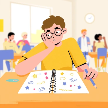 A student sitting at a wooden desk in a bright classroom, with their head resting on one hand. The student has short brown hair and is wearing glasses. A spiral notebook is open in front of them, filled with colorful doodles of squiggly lines, stars, and cartoon characters. A pencil is loosely held in the student's other hand, with some light pencil shavings scattered on the desk. In the background, there are blurred outlines of other students and a teacher at the front, emphasizing the classroom setting. The walls are adorned with educational posters, and a window shows a glimpse of a sunny day outside.