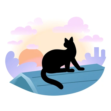 A silhouette of a cat is sitting on a rooftop. The cat's body is slightly curved, with its tail gently extending behind it. The sky is filled with a gradient of pastel colors transitioning from deep orange to soft pink and lavender. The sun is low on the horizon, casting a warm glow that outlines the rooftops. The rooftops have varying shapes, with chimneys rising in the distance, complementing the serene sky.
