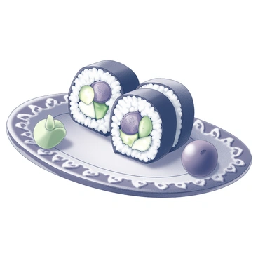 A sushi roll is presented on a decorative plate. The roll is filled with a combination of rice and various ingredients, prominently featuring "plum" as a unique element. The outer layer of the roll is wrapped in "nori," and the ends are neatly cut to reveal the vibrant cross-section. Beside the sushi roll, there are small portions of "wasabi" and "pickled ginger" artfully arranged. The plate is ornately designed, enhancing the visual appeal of the sushi.