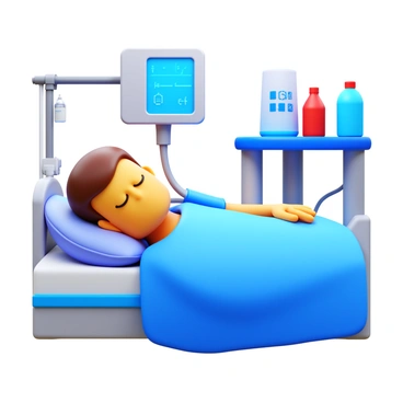 A patient comfortably nestled under a soft, textured warming blanket. The patient's arm is connected to a hemodialysis machine with tubes leading from the machine to the patient's access point. The machine displays digital readings, illuminating the surroundings with a gentle light. The patient has a relaxed expression, with their eyes closed, showcasing a sense of peace and comfort in the clinical environment. The setting features medical equipment in the background, with a few personal items like a book and a water bottle on a nearby table.