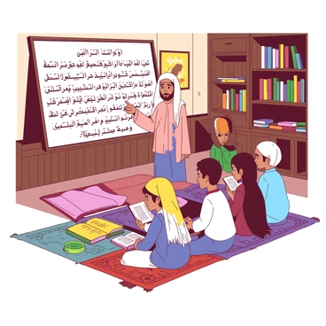 A group of diverse children is seated on colorful rugs in a traditional classroom setting, attentively learning Quranic verses. The room features wooden shelves filled with books and Islamic decor, including calligraphy art on the walls. The children, dressed in a mix of local traditional clothing, are focused, with some holding open Quran books, while others take notes on small notebooks. A teacher stands at the front, pointing to a large board where verses are displayed in decorative script. Sunlight filters in through the windows, casting soft patterns across the scene.