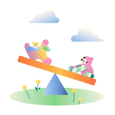 A wooden seesaw is positioned in a playground setting. One side of the seesaw is elevated high in the air, while the other side is resting flat on the ground. The elevated side features a colorful teddy bear, which is the cause of the weight imbalance. The ground beneath the seesaw is covered with green grass and scattered with small yellow dandelions. A blue sky with soft, white clouds can be seen in the background, adding to the cheerful atmosphere of the scene.