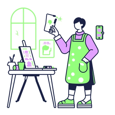 An artist is standing in a brightly lit studio, holding a phone in their right hand. The phone displays an image that captures the artist's attention. The left hand is positioned mid-air, holding a pencil, hovering above a sketchbook. The sketchbook rests on a wooden easel, showcasing partially completed drawings. The artist is wearing a comfortable, paint-splattered smock, and a colorful array of art supplies is scattered across a nearby table. Natural light filters in through a large window, illuminating the workspace.