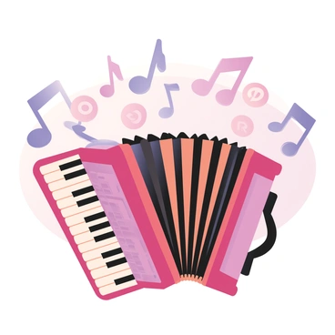 A digital flat illustration showing an accordion in the center of the image, expanding open. The accordion is vibrant and colorful, with red and black stripes. Emanating from the accordion are musical notes that are creatively shaped like "ROI" symbols. The notes swirl around the accordion, filling the air with a sense of melody. The background features subtle, soft colors to enhance the focus on the accordion and the musical notes. Each "ROI" symbol is clearly defined, showcasing a playful interaction between music and finance.