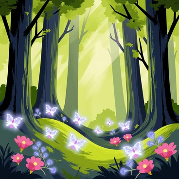 A mythical forest filled with towering trees that have thick trunks and lush green leaves. The forest floor is covered with vibrant moss and colorful flowers. Glowing creatures, resembling small fairies, are scattered throughout the scene, emitting a soft blue and purple light. Some of the creatures are hovering near the flowers, while others are perched on the branches of the trees. The overall atmosphere of the forest appears mystical and enchanting, with shafts of light breaking through the tree canopy.
