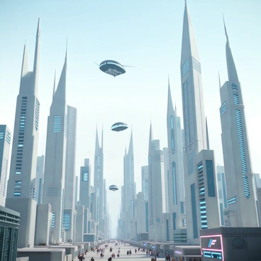 A sprawling futuristic cityscape filled with sleek skyscrapers that tower towards the sky. The buildings have smooth, reflective surfaces and unique geometric designs, creating a modern architectural marvel. In the sky above, several flying cars dart between the skyscrapers, displaying bright lights and elegant shapes. Streets below are bustling with people, showcasing a blend of advanced technology and everyday life. The atmosphere is vibrant, with various hovering vehicles and futuristic elements integrating seamlessly into the urban environment.