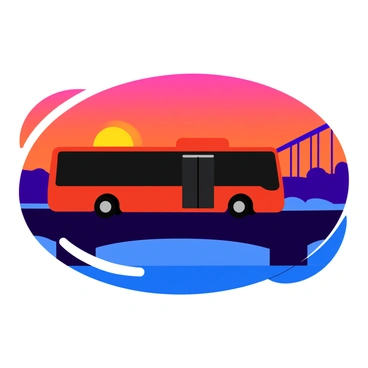 An electric bus is depicted in silhouette, showcasing its sleek design. The bus is crossing a bridge that spans a tranquil river. In the background, the sky is filled with vibrant colors, transitioning from deep orange to rich purple as the sun sets. The silhouette of the bridge adds an architectural element, with its arches and supports contrasting against the glowing sky.