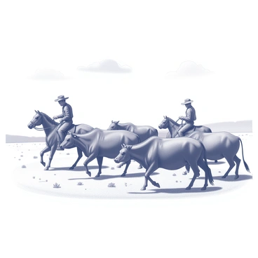 A group of cowboys is actively herding cattle across an open field. One cowboy is riding a horse at the front, guiding the herd with a lasso in hand. Another cowboy on a different horse is positioned at the side, looking out for any strays. The cattle are a mix of large and medium-sized animals, some grazing while others are moving forward. The open field stretches into the distance, with sparse vegetation scattered throughout. A few clouds are visible in the sky, casting a soft light over the scene.