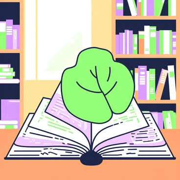 A large pot leaf is resting on an open book that displays pages filled with text and diagrams. The book is positioned on a wooden table. In the background, a library filled with tall shelves of books can be seen, with some books stacked haphazardly and others neatly organized. A warm light shines down from a nearby window, illuminating the pages of the book and casting soft shadows across the table.