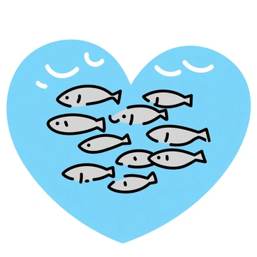A school of fish, consisting of small, silver fish with streamlined bodies, is swimming together. They are arranged in a compact formation that creates the shape of a heart. The background consists of clear blue ocean water, with gentle waves and light filtering through from above, illuminating the fish.