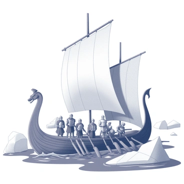 A Viking longship with a prominent dragon head carved at the prow is cutting through icy waters. The ship features a narrow hull and multiple oars positioned along its sides. Large, rectangular sails are hoisted, flapping in the brisk wind. Icebergs and chunks of floating ice surround the vessel, contrasting against the dark water. The longship is manned by a crew of Viking warriors, clad in chainmail and helmets, with some standing at the oars while others keep watch. The scene captures the essence of a chilly maritime journey through a rugged, frozen landscape.