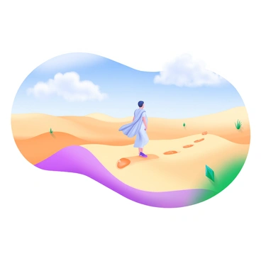 A lone traveler dressed in light, flowing clothing walks across a series of vast, golden sand dunes. The sun casts long shadows, highlighting the contours of the dunes. The traveler's footprints trail behind them, leading into the endless horizon. Sparse tufts of grass dot the landscape, contrasting with the smooth, shifting sands. The sky above is a bright blue, with a few fluffy white clouds scattered throughout.