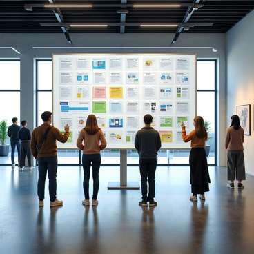 A large, three-dimensional business model canvas installation made of clear acrylic panels, elegantly arranged in a spacious modern art gallery. Each panel displays colorful graphics and diagrams representing different components of a business model. The installation is illuminated with soft, ambient lighting that highlights the textures and colors of the graphics. Visitors are seen engaging with the panels, touching them and discussing ideas, creating an atmosphere of creativity and collaboration. The gallery walls are adorned with contemporary art pieces, and large windows allow natural light to fill the space, adding to the vibrant atmosphere.