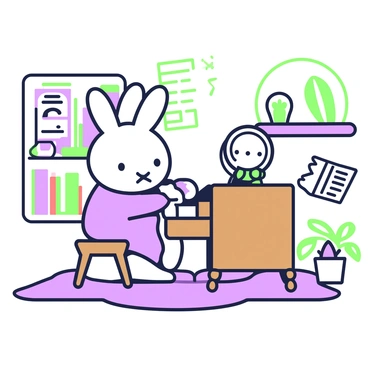 Miffy, a small rabbit character, is sitting at a small piano in a music room. She has her signature round ears and a cheerful expression. The piano is made of polished wood and has black keys. Around Miffy, there are music sheets spread out, some with notes printed on them. A bookshelf filled with colorful books is positioned against the wall, and a window lets in light, revealing a few potted plants. The floor is covered with a soft rug, and a metronome sits on the piano, ticking steadily. Miffy is focused on playing a simple melody, her little paws poised over the keys.