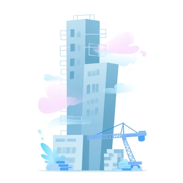 A towering skyscraper rises into the sky, its structure partially covered in scaffolding. The facade of the building shows several missing windows, revealing the unfinished interior. Surrounding the base of the skyscraper are construction materials, such as stacks of bricks and steel beams. A construction crane is positioned nearby, adding to the busy atmosphere of the construction site. The overall color palette features gradient pastel shades, enhancing the architectural details of this urban scene.