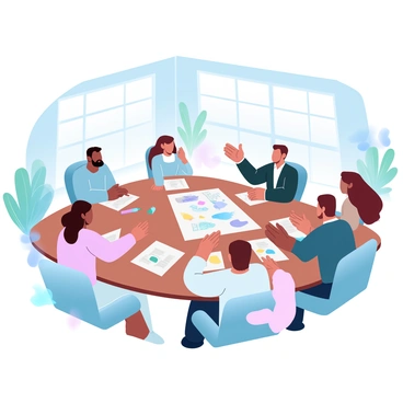 A diverse group of individuals is gathered around a large wooden table, deep in discussion. Each person is engaged with various materials spread across the table, including colorful sketches and sticky notes. One individual is gesturing towards a large sheet of paper covered in vibrant illustrations. There are markers and pencils scattered on the table, emphasizing their collaborative effort. The setting features a bright, airy room with large windows allowing natural light to illuminate their creative process. A variety of plants are placed around the room, adding a touch of greenery to the atmosphere.