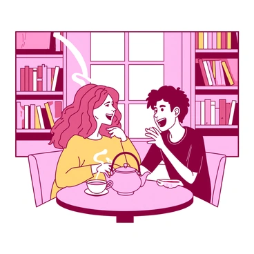 A pink comic strip scene shows two friends sitting at a small round table, sipping tea from white cups. One friend has wavy brown hair and is wearing a yellow sweater, while the other has short black hair and a red t-shirt. Between them, there is a teapot with steam rising from its spout. Behind them, shelves are filled with colorful comic books. The background features a large window with sunlight pouring in, illuminating their cheerful expressions as they animatedly discuss their favorite comic characters.