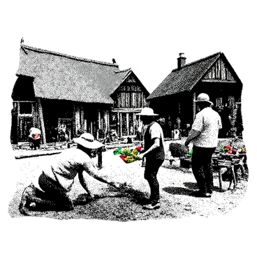 A quaint village scene features several characters involved in various everyday activities. In the foreground, a farmer with a straw hat is tending to a small patch of crops, kneeling down to plant seeds into the rich soil. Nearby, a woman with a basket is exchanging goods with a merchant who stands behind a wooden cart filled with colorful vegetables and fruits. In the background, a child is playing with a dog, while another group of villagers gathers around a well, chatting and drawing water. The buildings in the village are made of timber and have thatched roofs, creating a cozy and welcoming atmosphere.