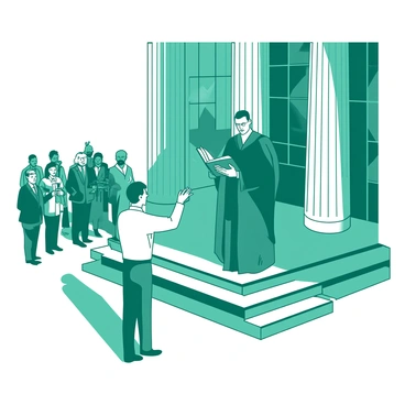 A teal judge in a black robe stands on the steps of a grand courthouse, holding a large book in one hand while raising the other hand in a ceremonial gesture. In front of the judge, a white incoming mayor, dressed in a formal suit, stands with one hand on the book and the other raised, ready to take the oath. The courthouse is characterized by tall columns and an ornate facade. A small crowd of onlookers, with a few holding cameras, gathers to witness the event, creating a sense of anticipation and significance.