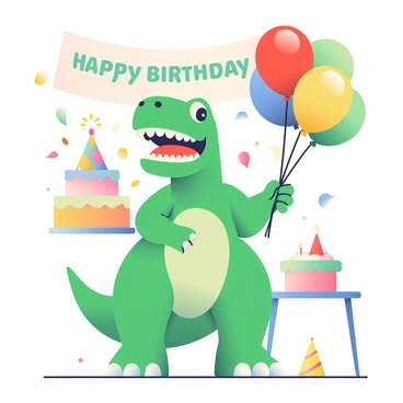 A T-Rex with green scales and a wide grin is standing at a birthday party. It is holding a bunch of colorful balloons in its tiny arms, which include red, blue, yellow, and green balloons. The T-Rex has bright, cheerful eyes that convey excitement. Around it, there are festive decorations such as a "Happy Birthday" banner in the background. There are also a few party hats and a large cake with candles on a table nearby. Confetti is scattered on the ground, adding to the celebratory atmosphere.