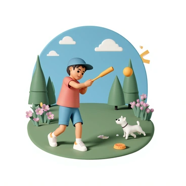 A young boy, wearing a blue baseball cap, red t-shirt, and denim shorts, is swinging a baseball bat at a bright yellow baseball. He is in motion, with one foot forward and a look of determination on his face. Surrounding him is a lively backyard with green grass, colorful flowers, and tall trees swaying in the breeze. In the background, a vibrant blue sky is dotted with fluffy white clouds, adding to the cheerful atmosphere of the scene. A small dog is playfully running nearby, while a baseball glove and a few scattered toys are on the grass.