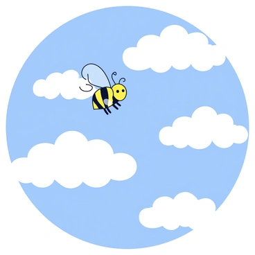 A bee with black and yellow stripes is flying high in a bright blue sky. Below the bee, there are fluffy white clouds, each one shaped like different types of flowers, including daisies, roses, and tulips. The clouds have soft edges and a light, airy appearance, creating a whimsical scene. The bee's wings are semi-transparent and glimmer in the sunlight as it moves among the floral-shaped clouds.