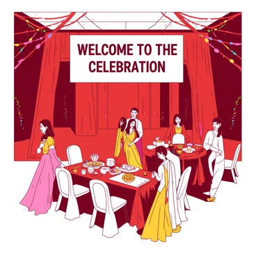 A red festive hall is adorned with colorful streamers and banners, creating an inviting atmosphere for a dowry presentation. Rows of elegant white chairs are set up for guests, each chair draped with a delicate fabric. In the center of the hall, a beautifully arranged table displays an elaborate dowry, including intricate jewelry pieces and traditional fabrics. Guests in vibrant attire are arriving, some smiling and greeting each other, while others admire the decorations. A large white banner hangs above, featuring the words "Welcome to the Celebration" in bold letters.