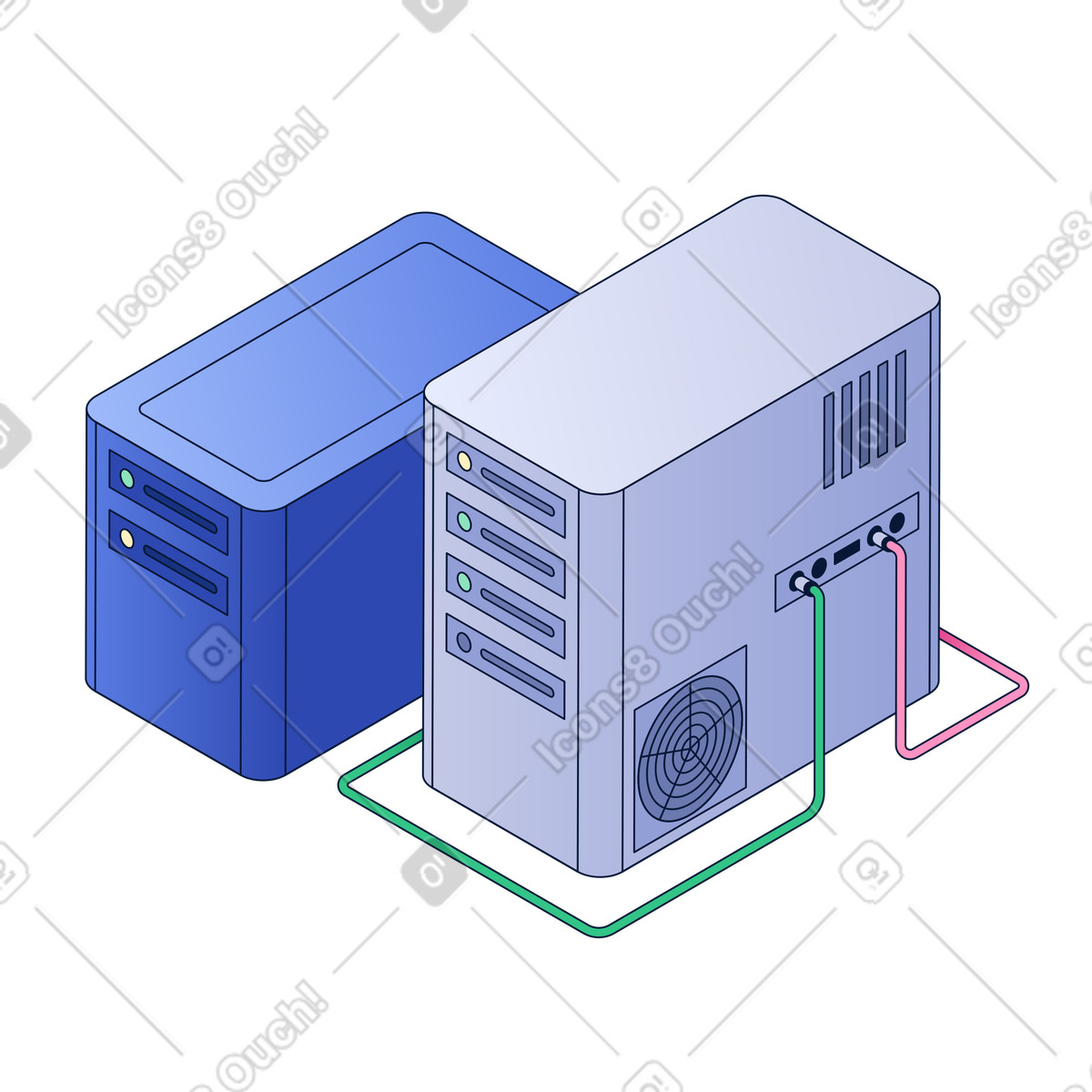 Ilustração de Dois servidores conectados, infraestrutura de servidor e data center, hardware de computação local em PNG e SVG