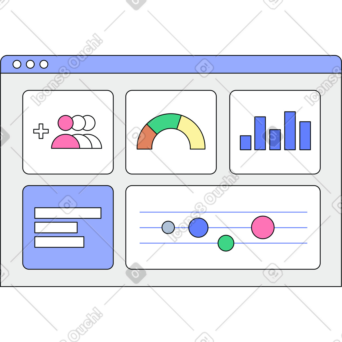 Dashboard interface with analytics widgets illustration in Teko style download in PNG, SVG