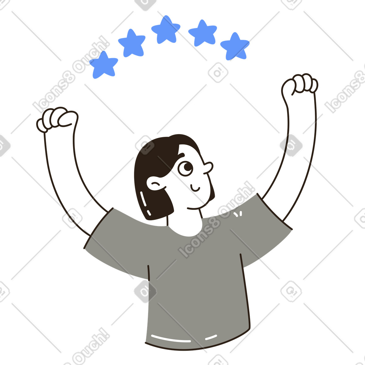 Persona con le braccia alzate e valutazione a cinque stelle, soddisfazione del cliente o recensione positiva illustrazione in stile Plain scarica in PNG, SVG