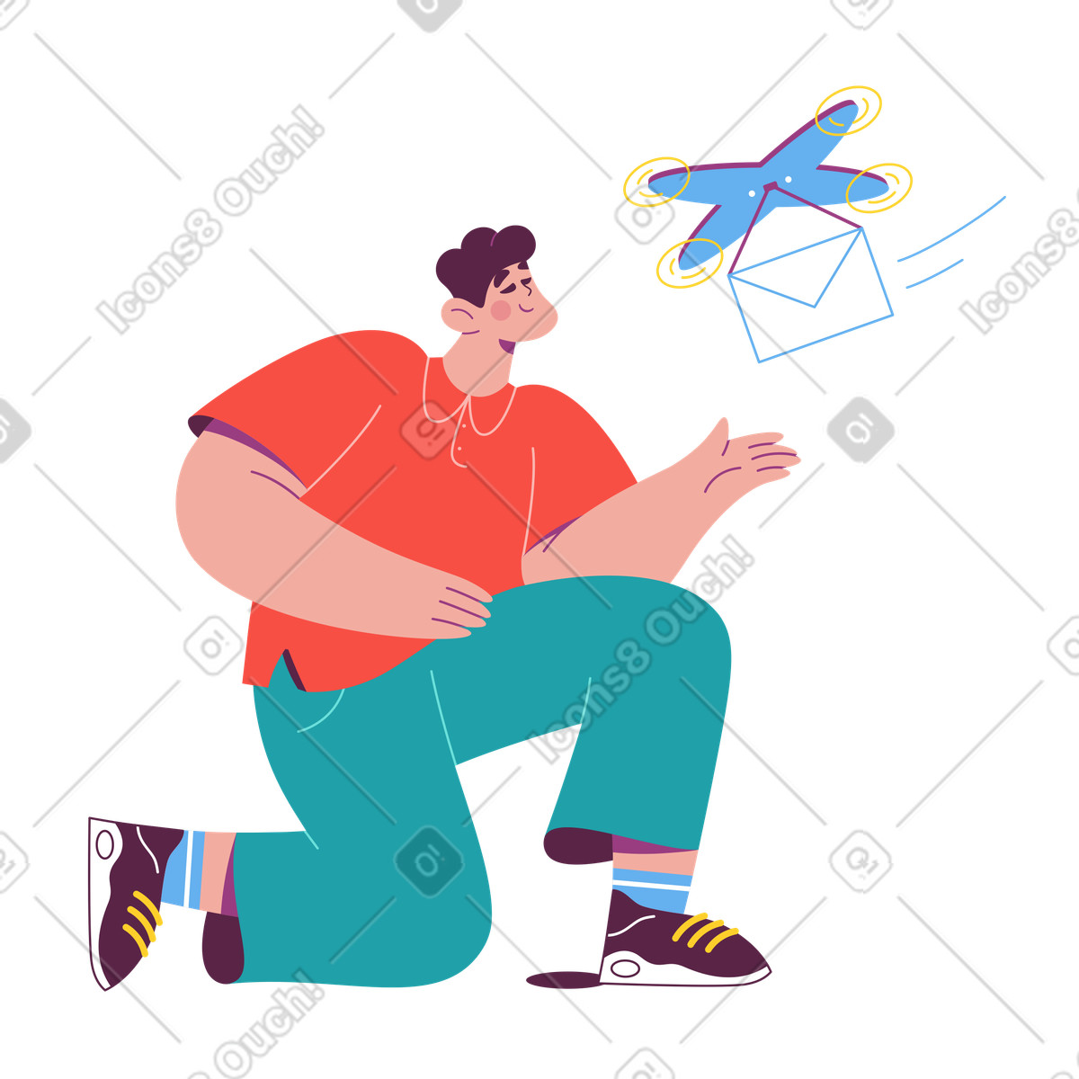 Drone delivering envelope to recipient, Modern postal logistics and contactless delivery-Illustration im Sammy-Stil als Download in PNG, SVG
