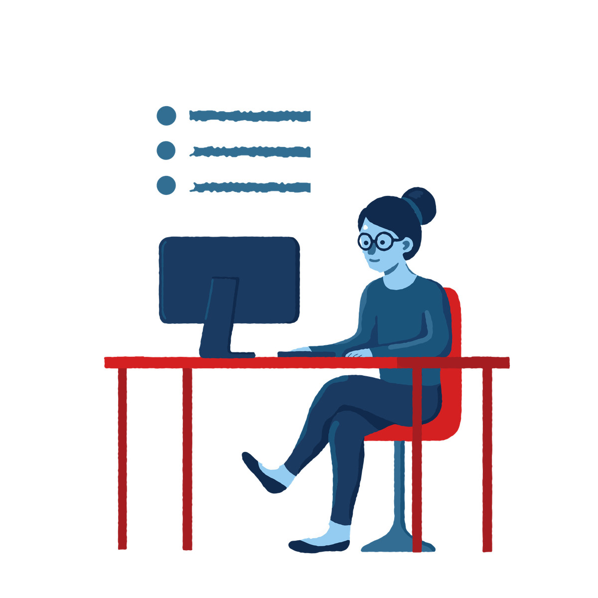 Woman working in front of computer and looking at task list illustration in PNG, SVG