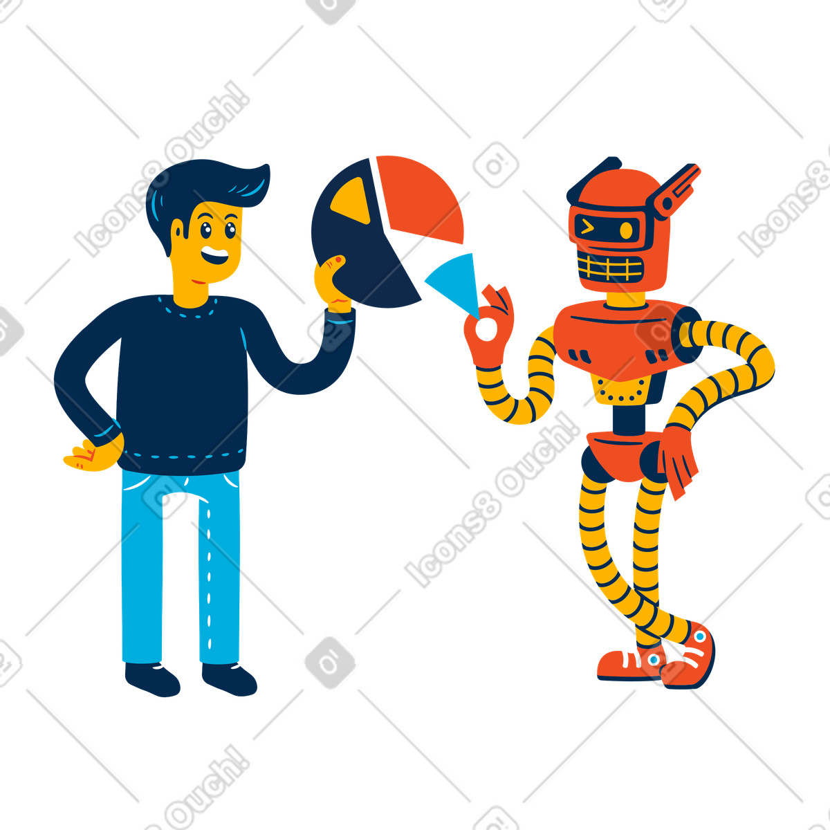 Man and robot make a pie chart together illustration in PNG, SVG