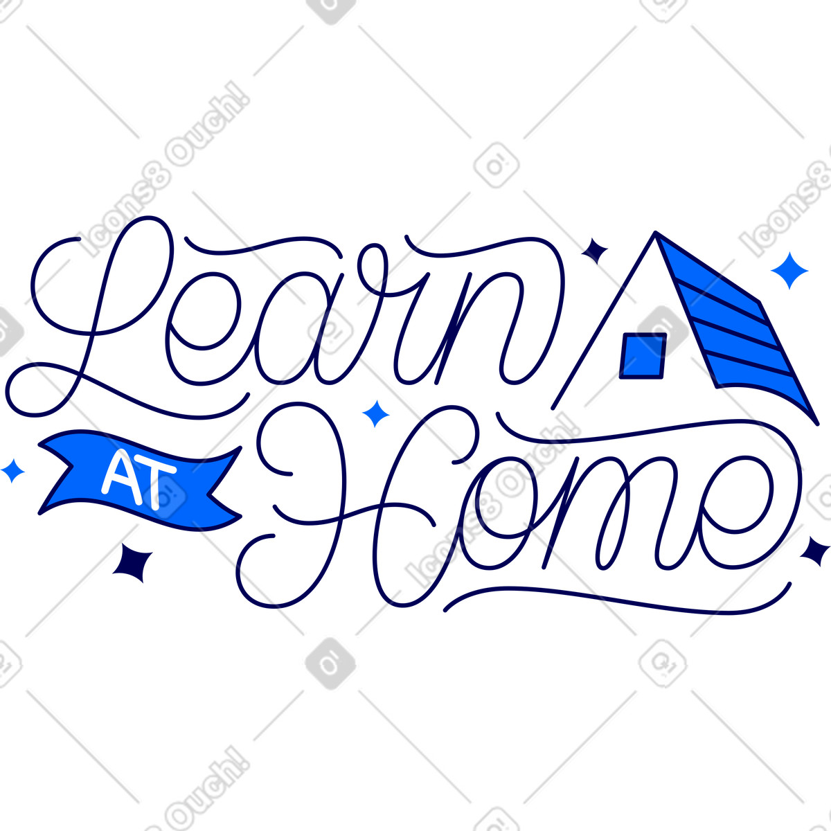 Schriftzug zu hause lernen mit blauem dachtext-Illustration im Lettering-Stil als Download in PNG, SVG