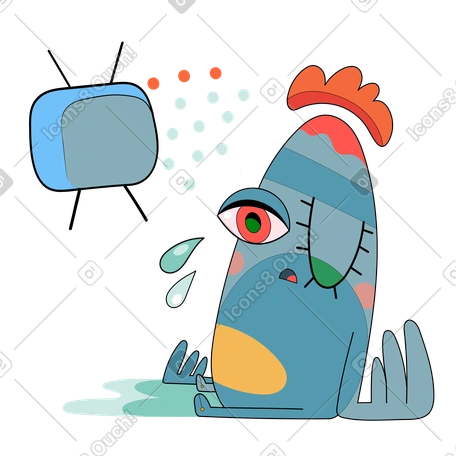 Crying character sitting in front of tv