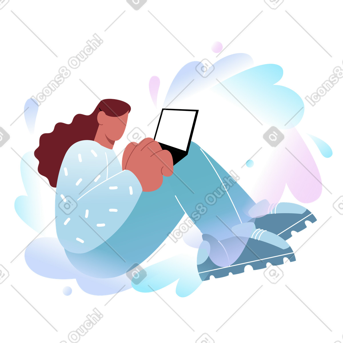 Person sitting with laptop, remote work or digital learning illustration in Airy style download in PNG, SVG