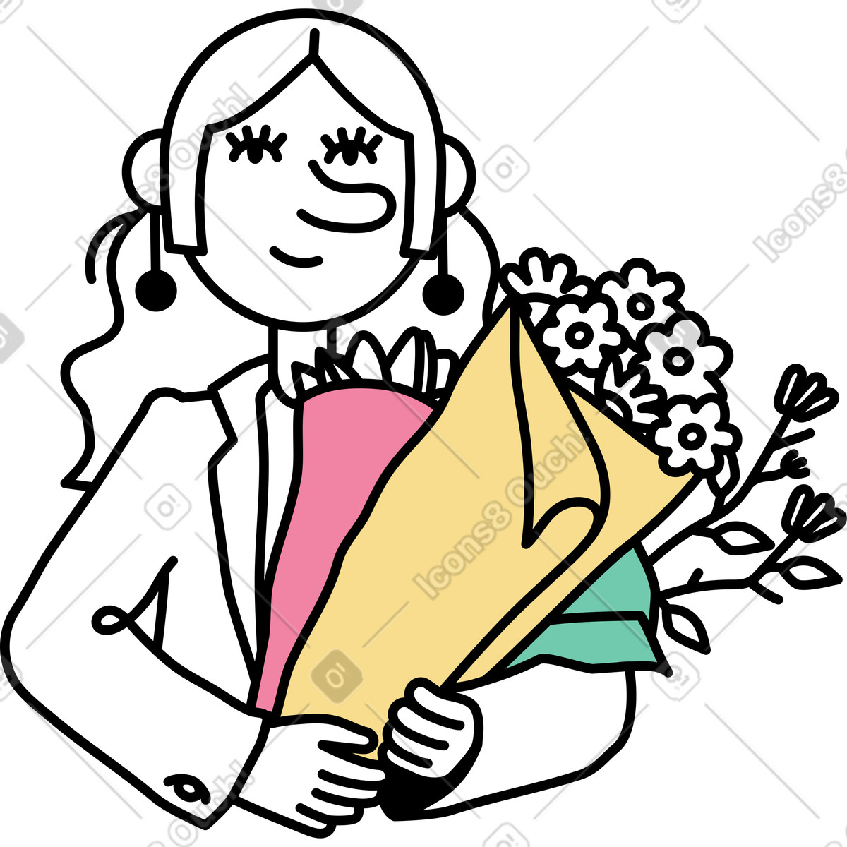 Young woman carrying bouquets of flowers illustration in Notes style download in PNG, SVG