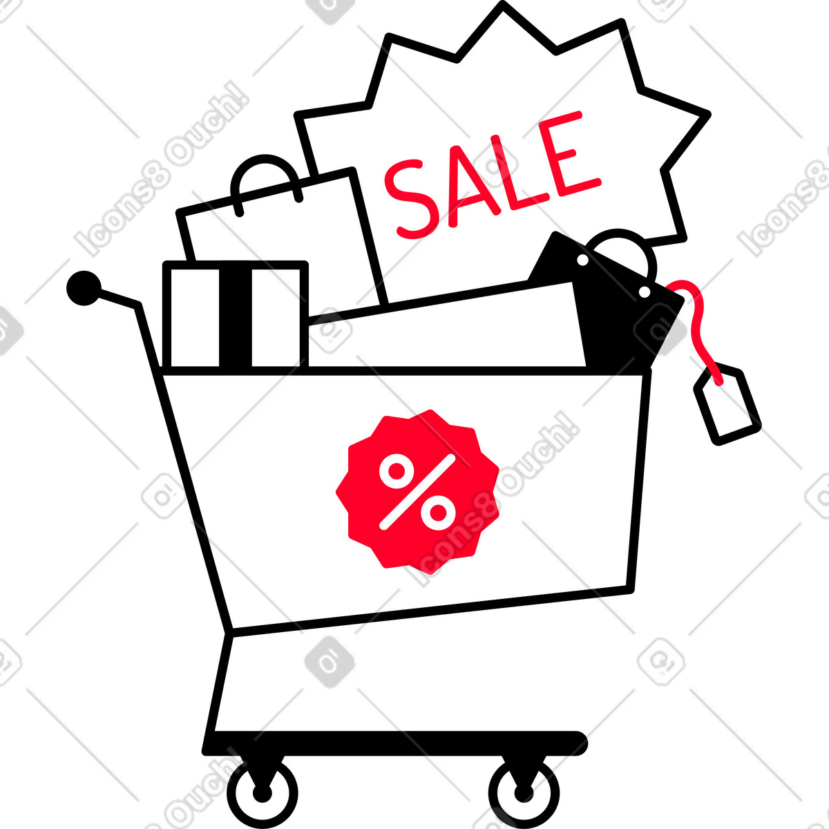 Shopping cart with sale items animierte Illustration im Transistor-Stil als Download in GIF, Lottie (JSON), AE