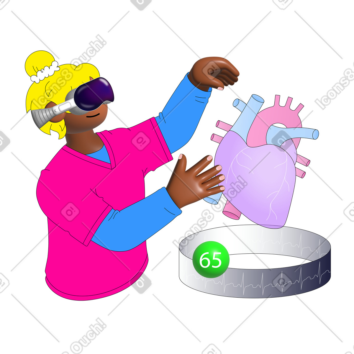 Dottore con visore vr che lavora un ologramma di cuore anatomico illustrazione in stile Pop scarica in PNG, SVG