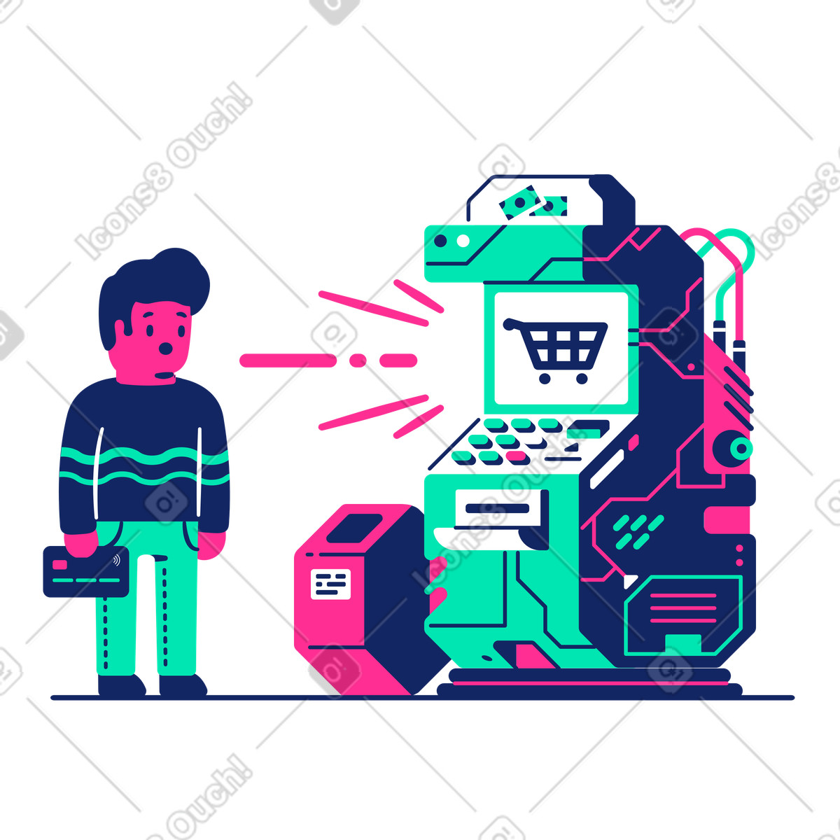 Uomo con tessera che utilizza un chiosco self-service illustrazione in stile Cyborg scarica in PNG, SVG