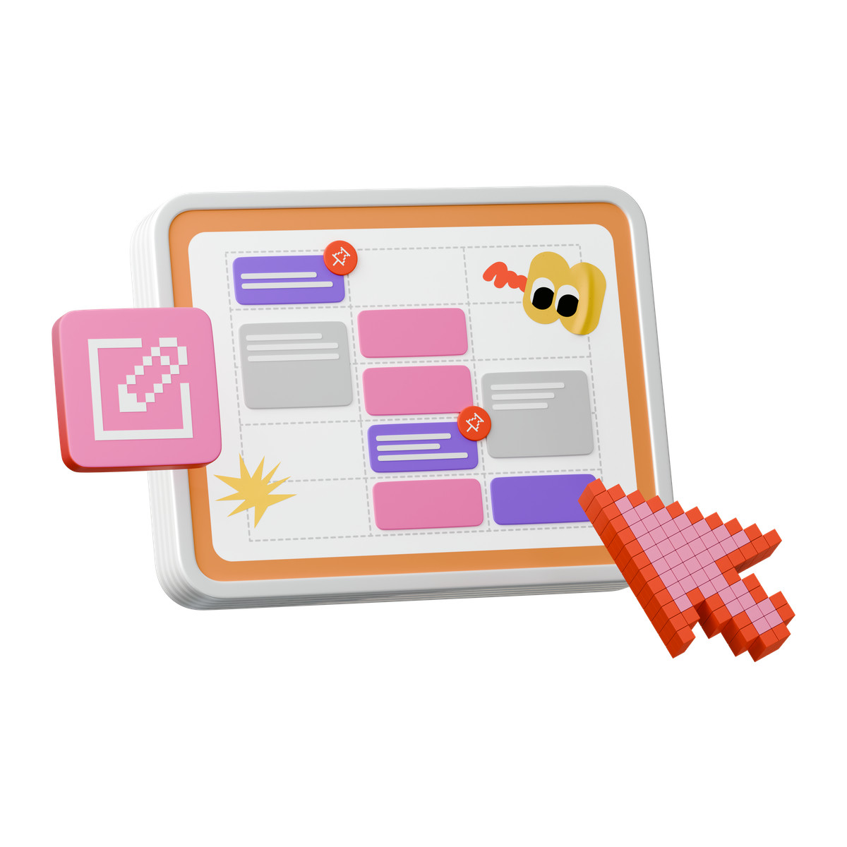 Иллюстрация Kanban board interface with colorful tasks and pixel cursor в стиле 3D Stickle — скачать в форматах PNG, SVG